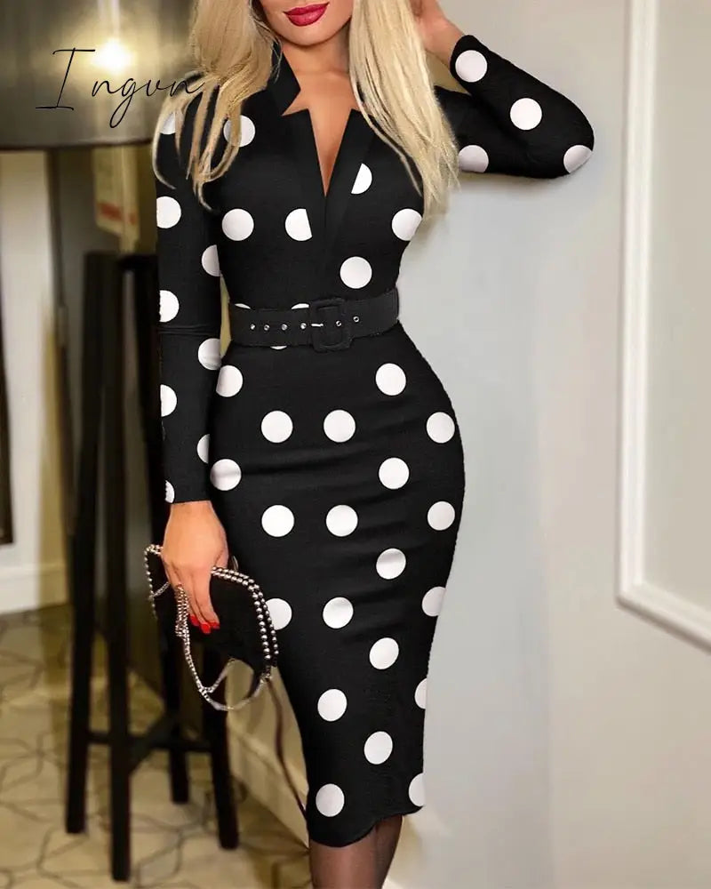 Ingvn - Spring Outfits Trends Office Lady Long Sleeve V-neck Maxi Dress Spring Autumn Vintage Print Slim High Waist Belted Vestidos De Mujer Elegant Dresses