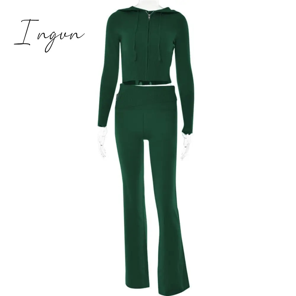 Ingvn - Zipper Lace-up Hoodies+Pant Sets 2023 Women Slim-fit Solid Cardigan Street Temperament Casual Femme Sweatshirt Suits