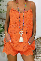 Ingvn - Casual Solid Lace Pocket V Neck Sleeveless Two Pieces