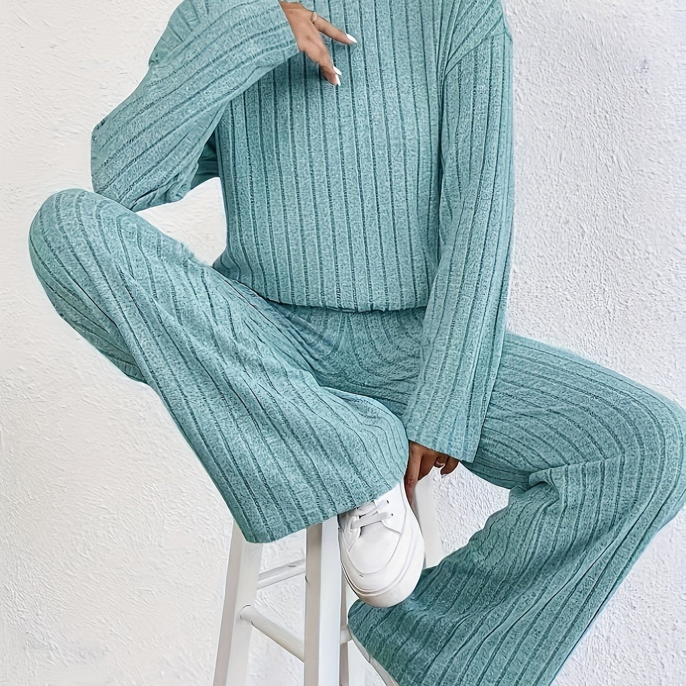 Ribbed Mock Neck Two-piece Set - Cozy Long Sleeve T-shirt with Ribbed Mock Neck Design, Flattering Wide Leg Pants for a Comfortable Fit, Effortless Casual Style - Perfect for Womens Everyday Wear, Ideal Outfits for Daily Life
