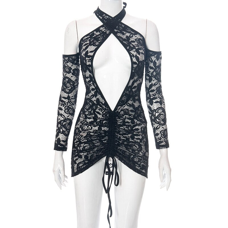 Voguable Lace Up Drawstring Ruched Women Halter Lace Mini Dress  Hollow Out Backless Bodycon Sexy Streetwear See Through