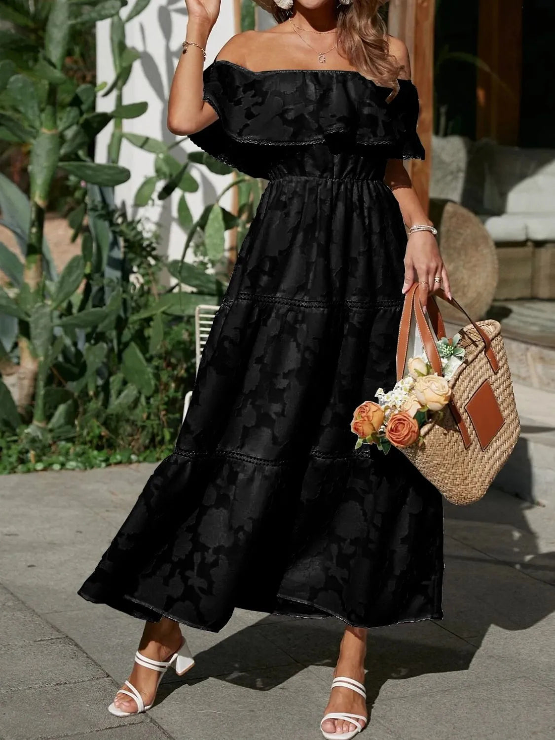 Ruched Off Shoulder Short Sleeve Midi Dress