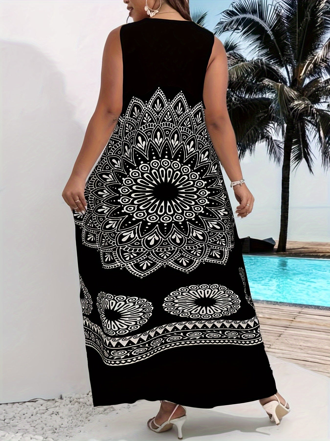 Flawless Mandala Floral Maxi Dress - Chic Notched Neck, Sleeveless Elegance - Fashionable Womens Clothing with Timeless Aesthetics