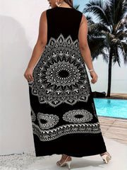 Flawless Mandala Floral Maxi Dress - Chic Notched Neck, Sleeveless Elegance - Fashionable Womens Clothing with Timeless Aesthetics