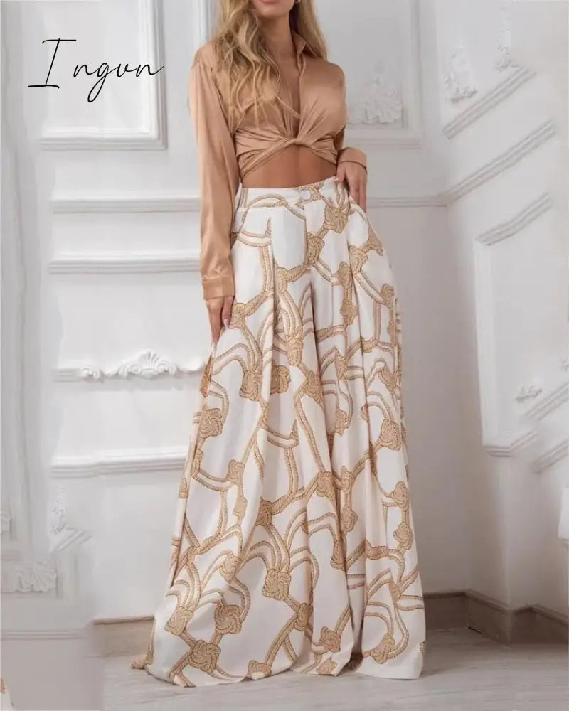 Ingvn - 2023 Fashion Summer Autumn Two Piece Sets Womens Fashion Sexy Mid Sleeve Shirt Elgant Floral Print Wide Leg Pant Suit Casual 2pcs Set Women