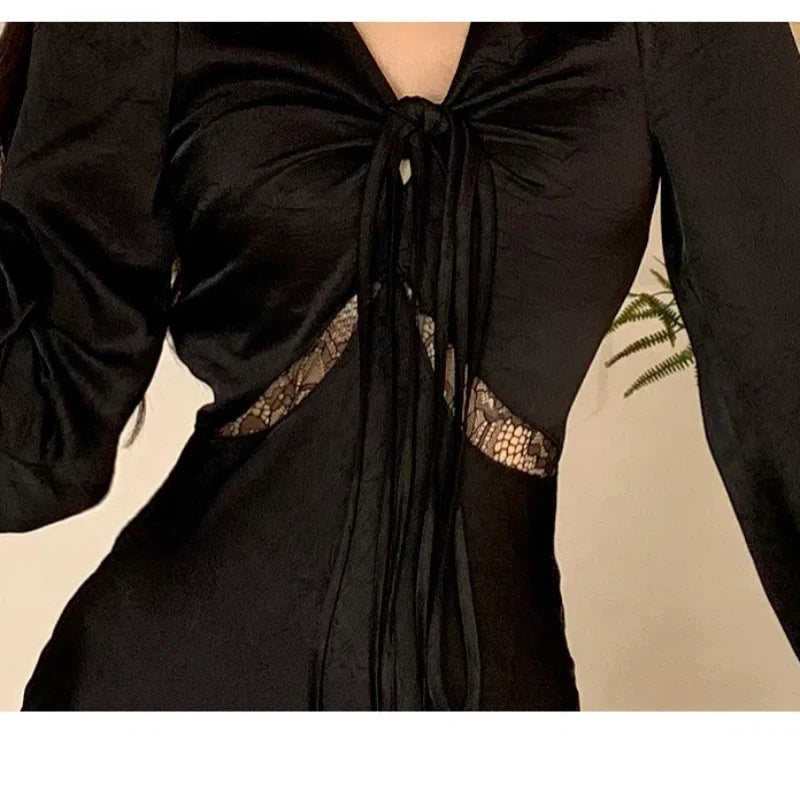 Black Satin Long Dresses for Women Sexy Prom V-Neck Long Sleeve Elegant Evening Party Female Clothing Fashion Casual Robe
