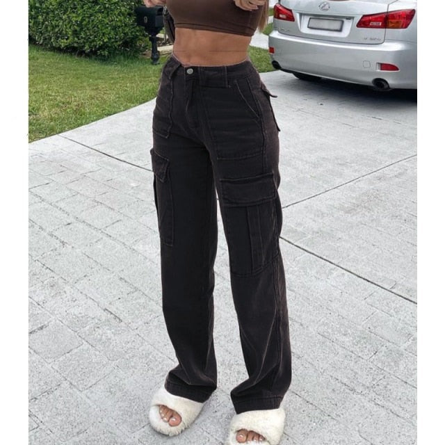 Rockmore Brown Vintage Baggy Jeans Women 90s Streetwear Pockets Wide Leg Cargo Pants Low Waist Straight Denim Trousers