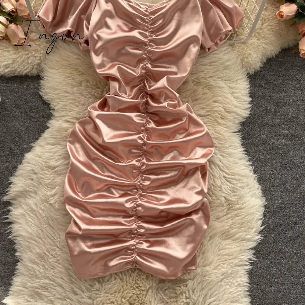 Ingvn - Ins Fashion Sexy Mini Bandage Dress Women Summer Slim Ruched Club Dress Sheath Off Shoulder Pink White Dress
