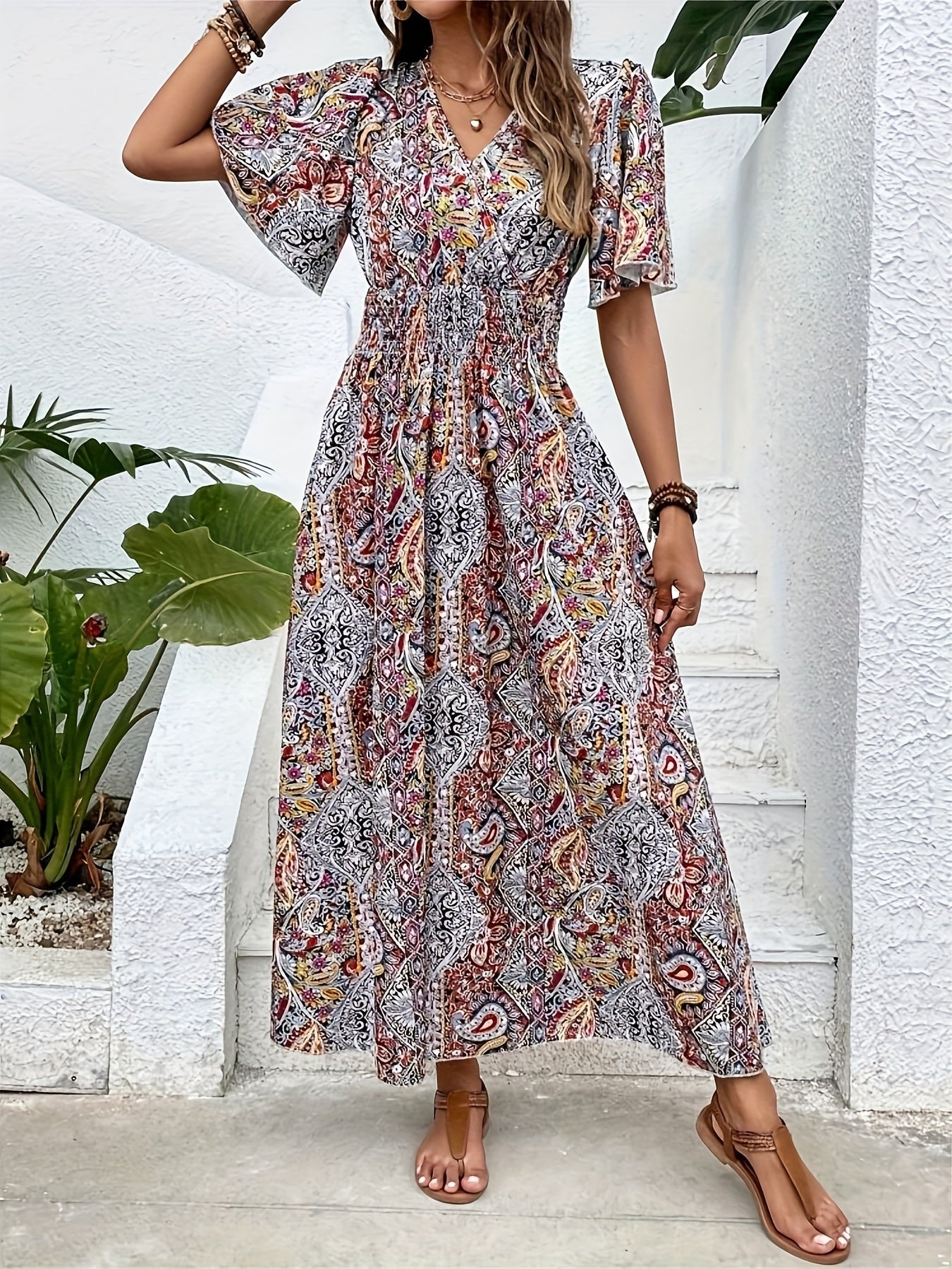 Plus Size Ethnic Floral Print Shirred Waist Dress, Casual Short Sleeve Dress For Spring & Summer, Women's Plus Size Clothing
