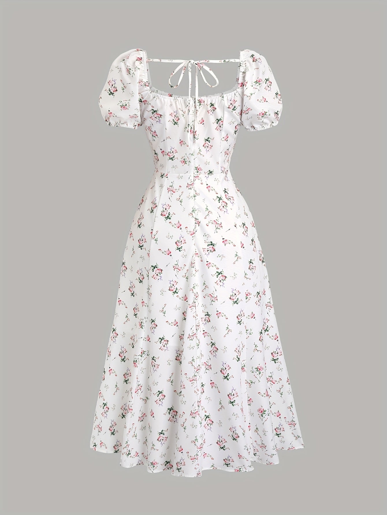 Elegant White Floral Print Midi Dress with Puff Sleeves & Tie-Back Detail - Square Neck, Non-Sheer Polyester for Women - Perfect for Spring, Summer & All Seasons, Formal Wear | Puff Sleeves Dress | Polyester Fabric