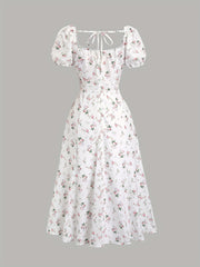 Elegant White Floral Print Midi Dress with Puff Sleeves & Tie-Back Detail - Square Neck, Non-Sheer Polyester for Women - Perfect for Spring, Summer & All Seasons, Formal Wear | Puff Sleeves Dress | Polyester Fabric