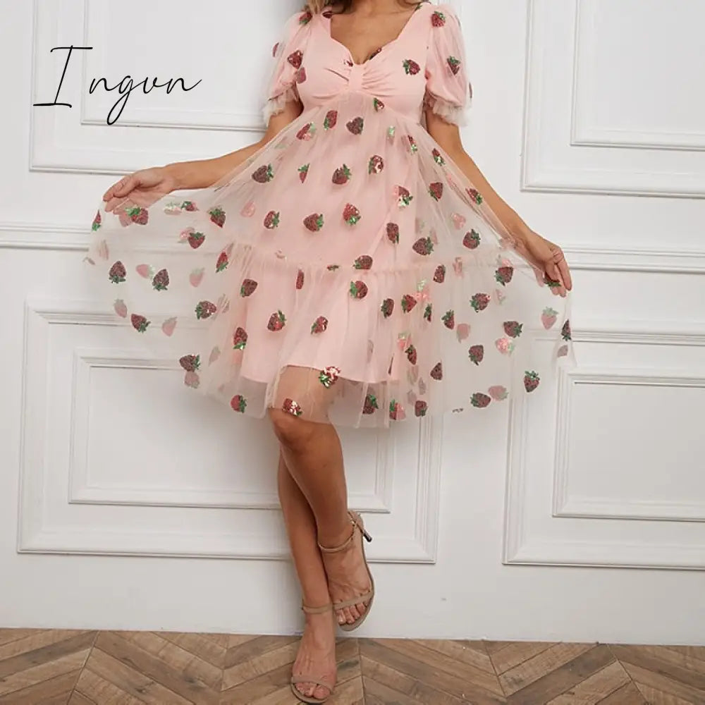 Ingvn - Strawberry Dress Women Fashion Deep V Puff Sleeve Sweet Voile Mesh Sequins Embroidery French Party Dresses 4XL 5XL