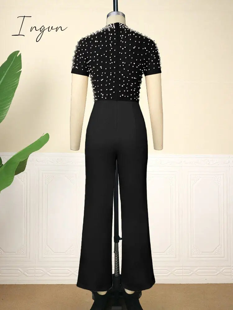Ingvn - Jumpsuit for Women Sexy See Through Net Beaded High Collar Short Sleeve Wide Leg One Piece Rompers Cocktail Party Club Wear