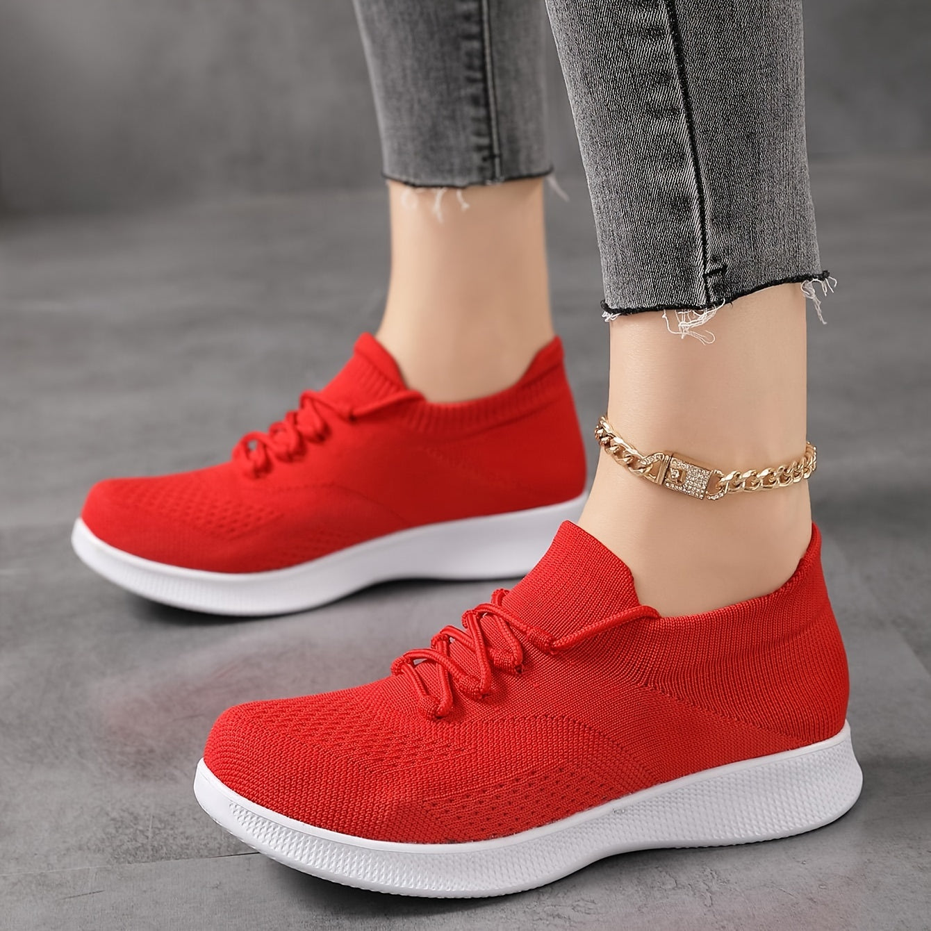 Women's Breathable Knit Sneakers, Casual Lace Up Outdoor Shoes, Comfortable Low Top Shoes plus size