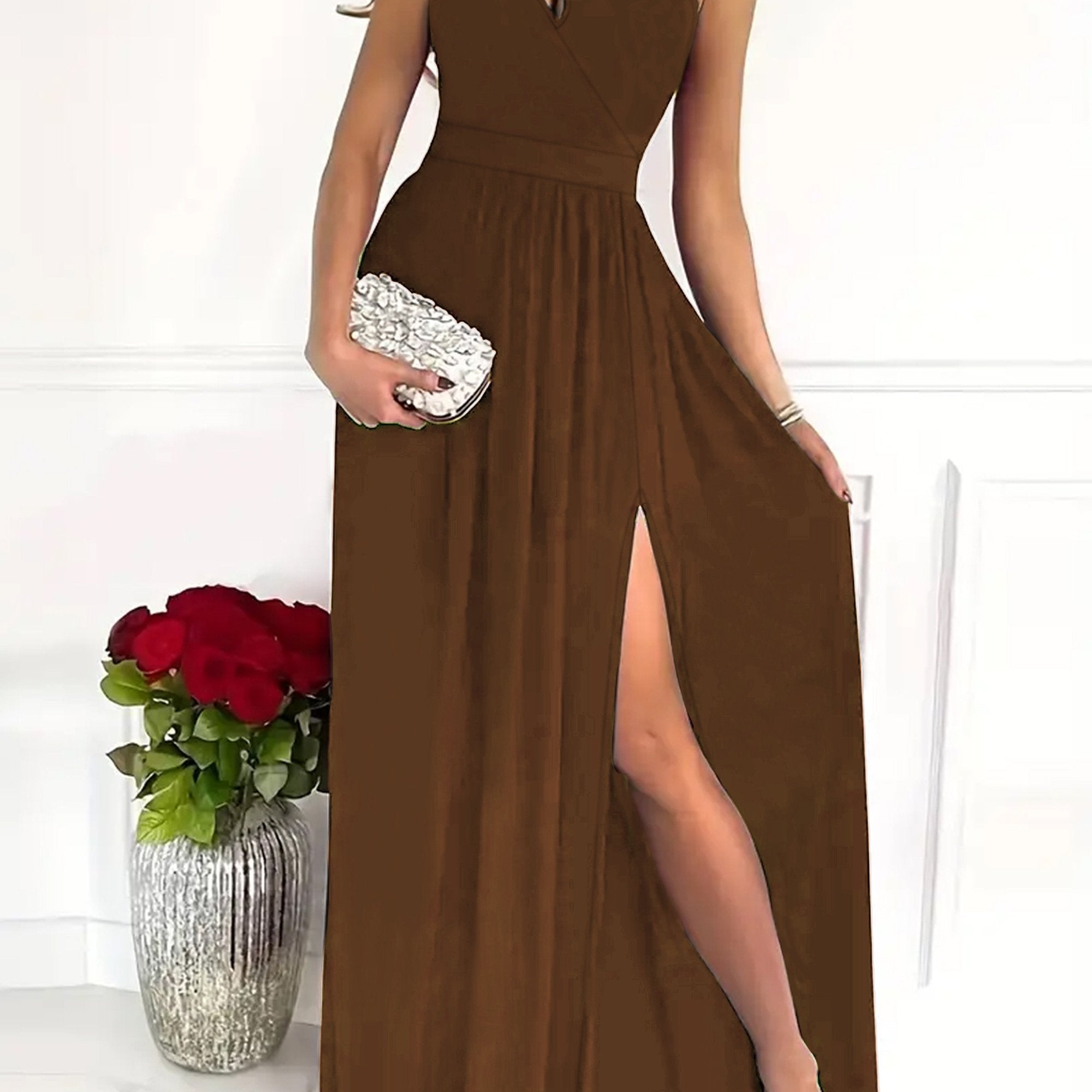 Solid One Shoulder Split Aline Dress, Elegant Ruffle Hem Sleeveless Asymmetrical Dress For Club & Party, Women's Clothing