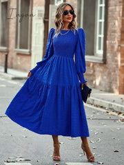 Ingvn - 2023 Spring Casual O Neck Lantern Sleeve Dress Women Loose Elegant Solid A-line Dress Lady Simple High Waist Klein Blue Dress