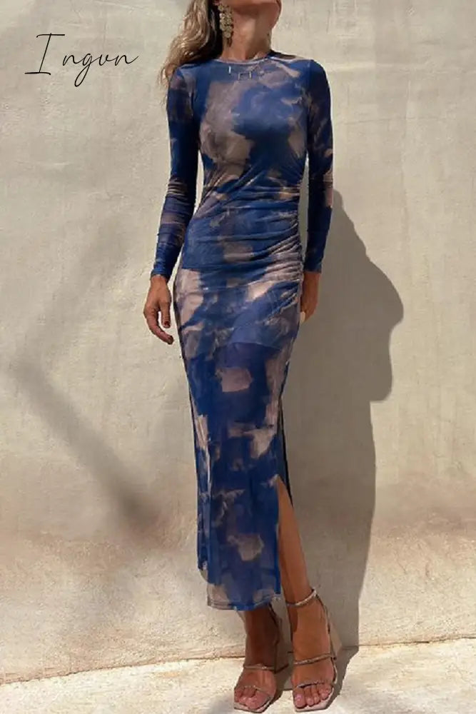 Ingvn - Casual Vintage Gradual Change Print See-through O Neck Long Sleeve Dresses