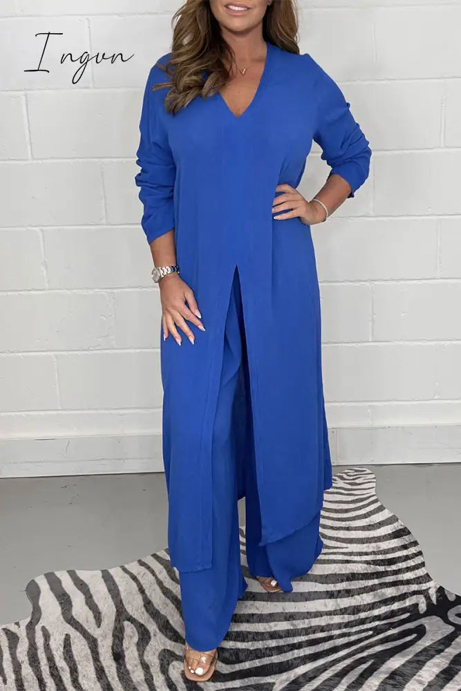 Ingvn - Casual Simplicity Solid Slit V Neck Long Sleeve Two Pieces(6 Colors)
