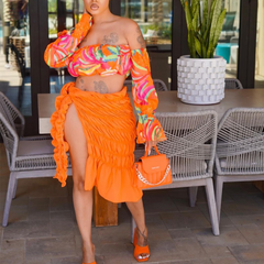 Summer Beach Style Two Piece Set Women Fashion Sexy Printed Off The Shoulder Tube Top Fold Lace-up Slit Skirt 2 Piece Suit Women