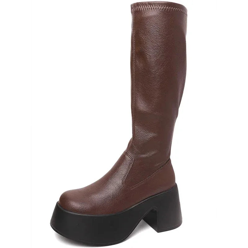Ingvn  Platform Square Heel Women Knee High Boots Fashion Round Toe Zippers Shoes Autumn Laides Concise Long Botas De Mujer