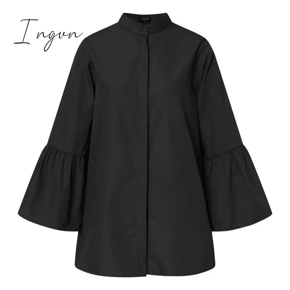 Ingvn - White Shirts Summer Women Solid Flare Sleeve Shirts Spring Blouse Sexy V Neck Button Up Office Shirt Femininas Blusas
