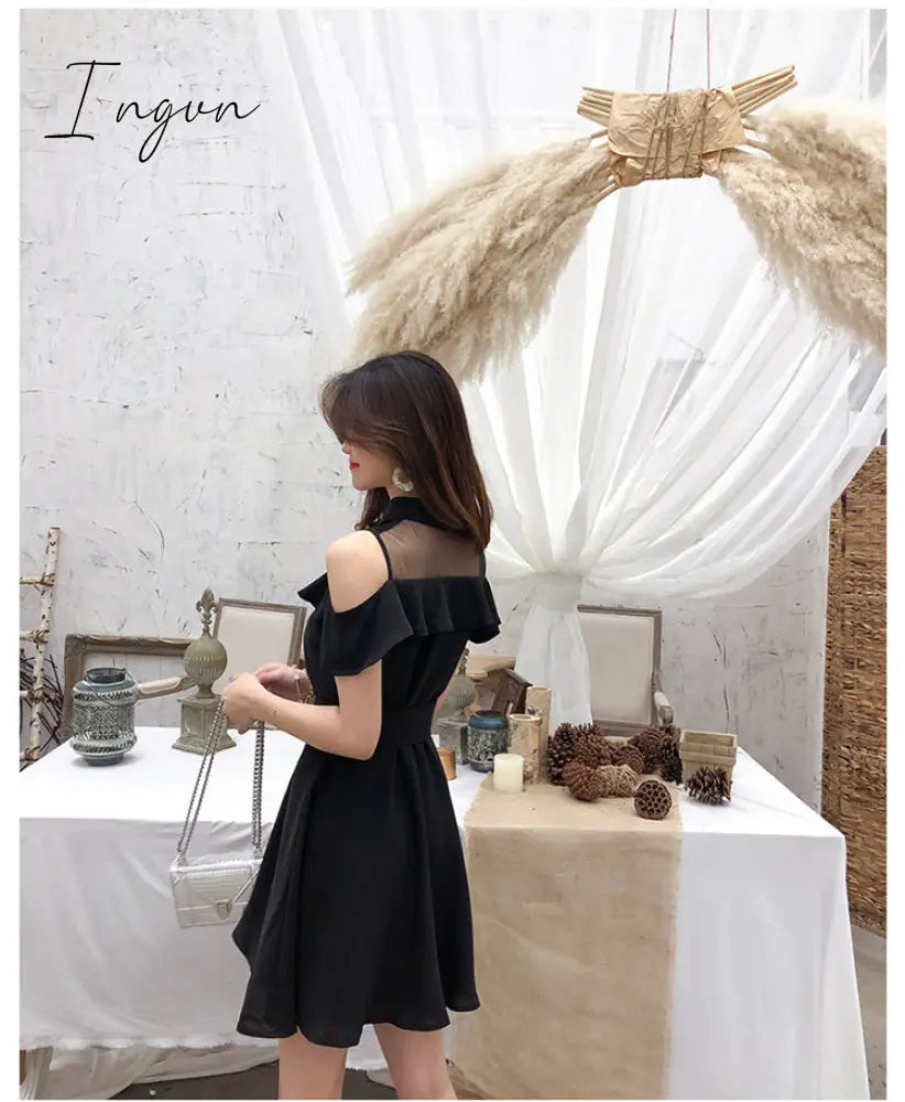 Ingvn - Korean OL New Single Breasted Women Summer Dress Sweet Chic Black office work Short mini Dresses With Belt Vestidos jurken