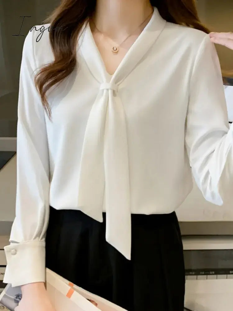 Spring Fashion New Elegant Bow Women Shirt Vintage White Lady Long Sleeves Blouses Female Casual Streetwear Tops Clothes