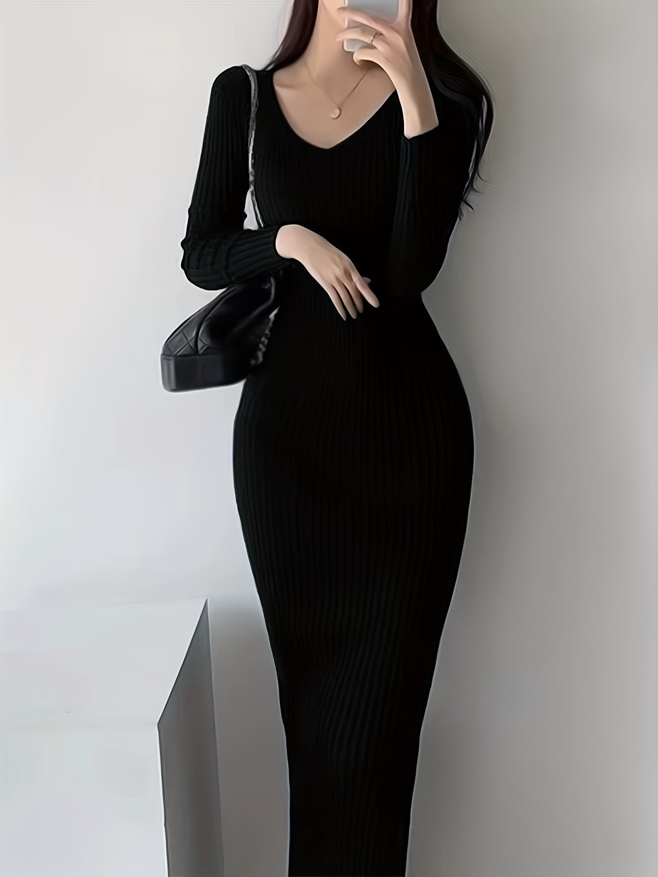 Solid Color Ribbed Long Sleeve Dress, Casual Knitted V Neck Dress For Spring & Fall, Women's Clothing