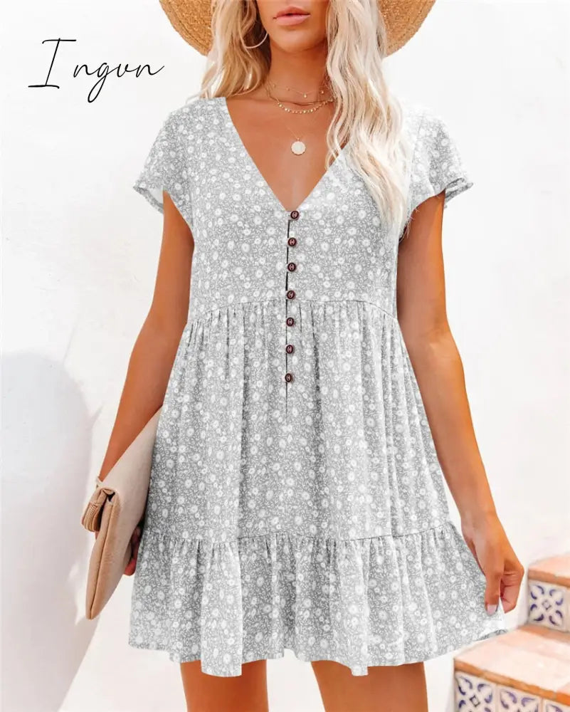 Ingvn - Spring summer v-neck floral short-sleeved dress