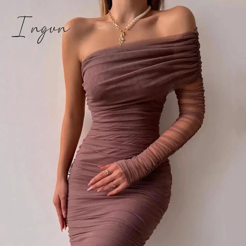 Ingvn - Sexy Diagonal Neck Backless Party Dress Women Fashion One Shoulder Long Sleeve Mesh Dress Elegant Temperament Slim Solid Dresses