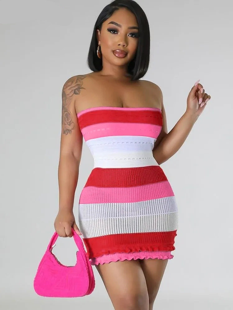 Knit Women Tube Dress Elegant Summer Patchwork Striped Ruffles Hem Skinny Stretch Bodycon Street Vacation Clubwear