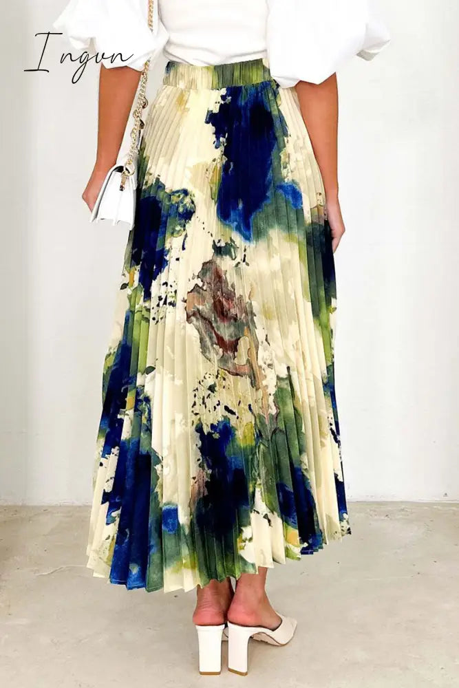 Ingvn- Elegant Gradual Change Print Pleated High Waist Type A Full Print Bottoms