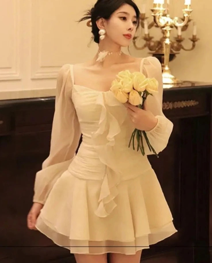 Women Spring Fashion Ruffles Mini Dress Elegant Casual Long Sleeve Birthday Evening Party Vestidos Summer Female One Pieces Robe
