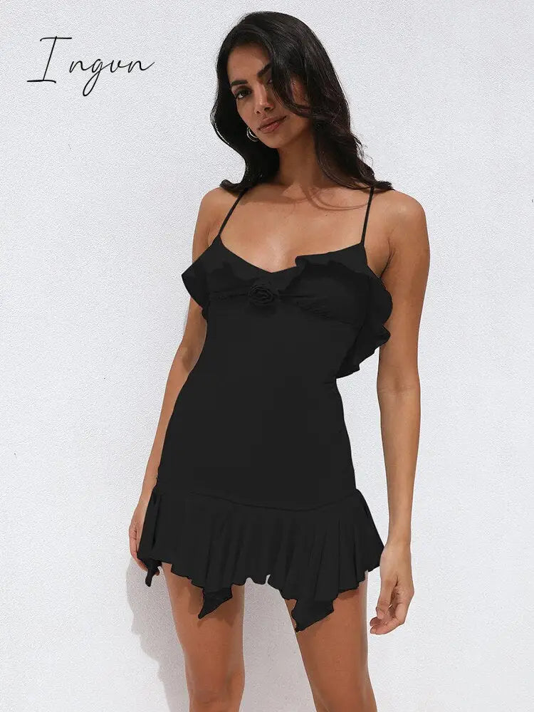 Ingvn - Elegant Flower Ruffle Mini Dress Women Robe Spaghetti Strap Off-shoulder Backless Bodycon Beach Holiday Party Dress