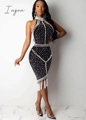 Ingvn - XL XXL High Quality Celebrity White Black Tassel Beading Sexy Rayon Bandage Dress Cocktail Party Dress