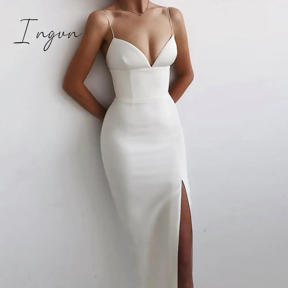 Ingvn - New Summer Women White Bodycon Bandage Dress Sexy V Neck Spaghetti Strap Club Celebrity Evening Runway Party Maxi Dresses