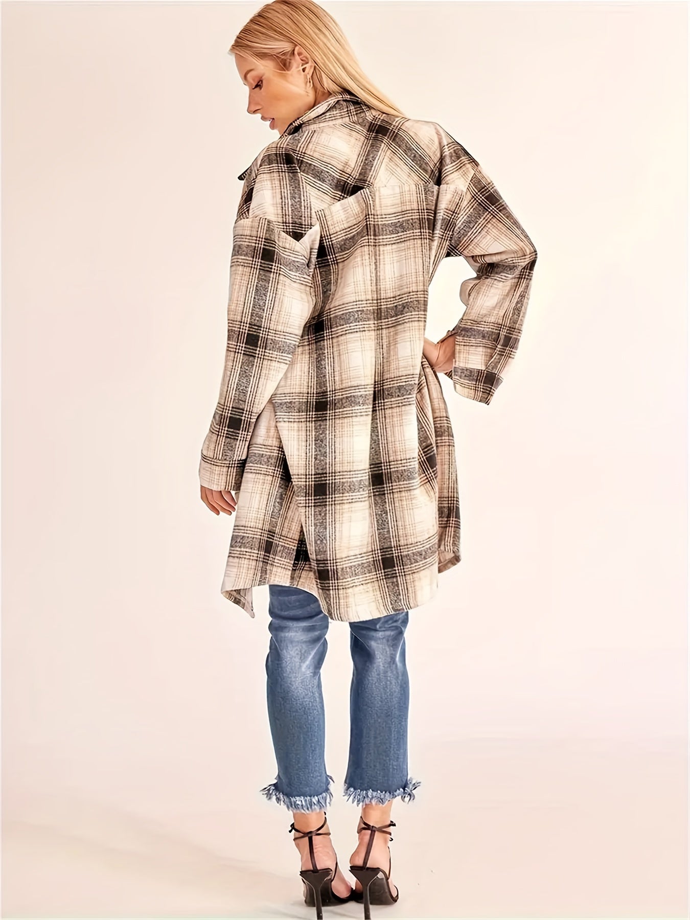 Classic Mid-Length Buffalo Plaid Shirt Jacket with Functional Pocket, Chic Turndown Collar, and Contrasting Buttons