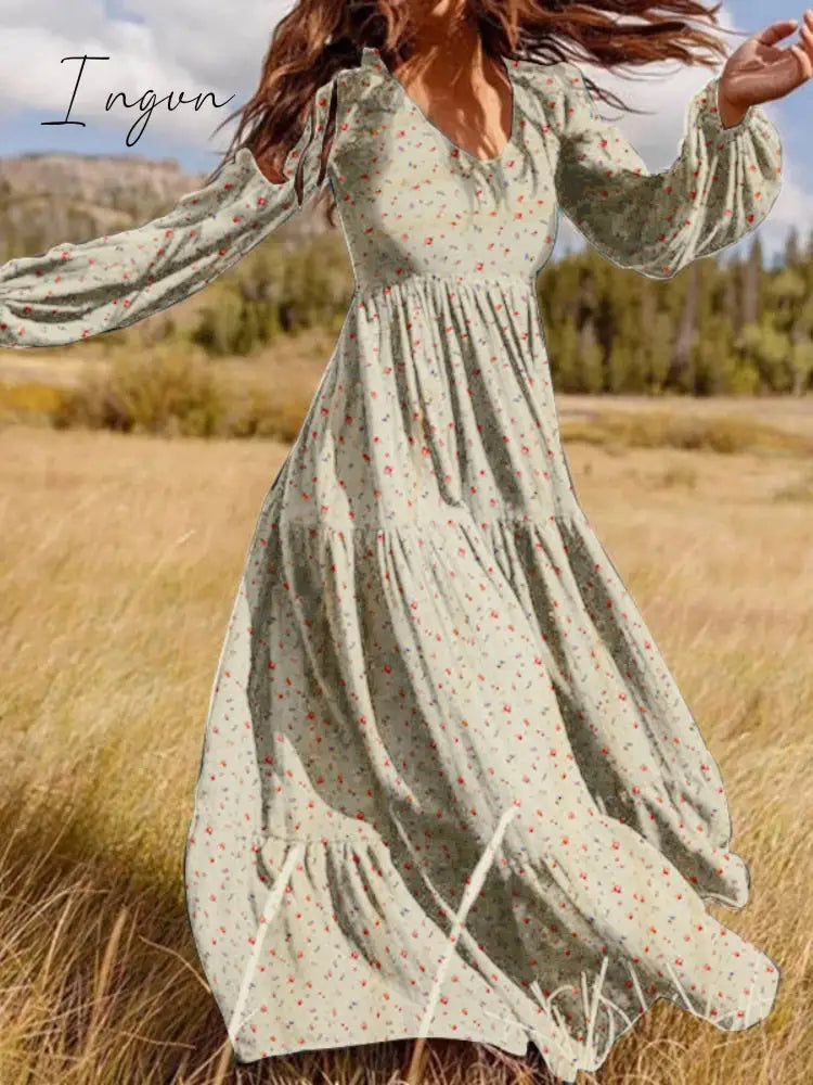 Ingvn - V Neck Long Sleeve Patchwork Solid Color Dress