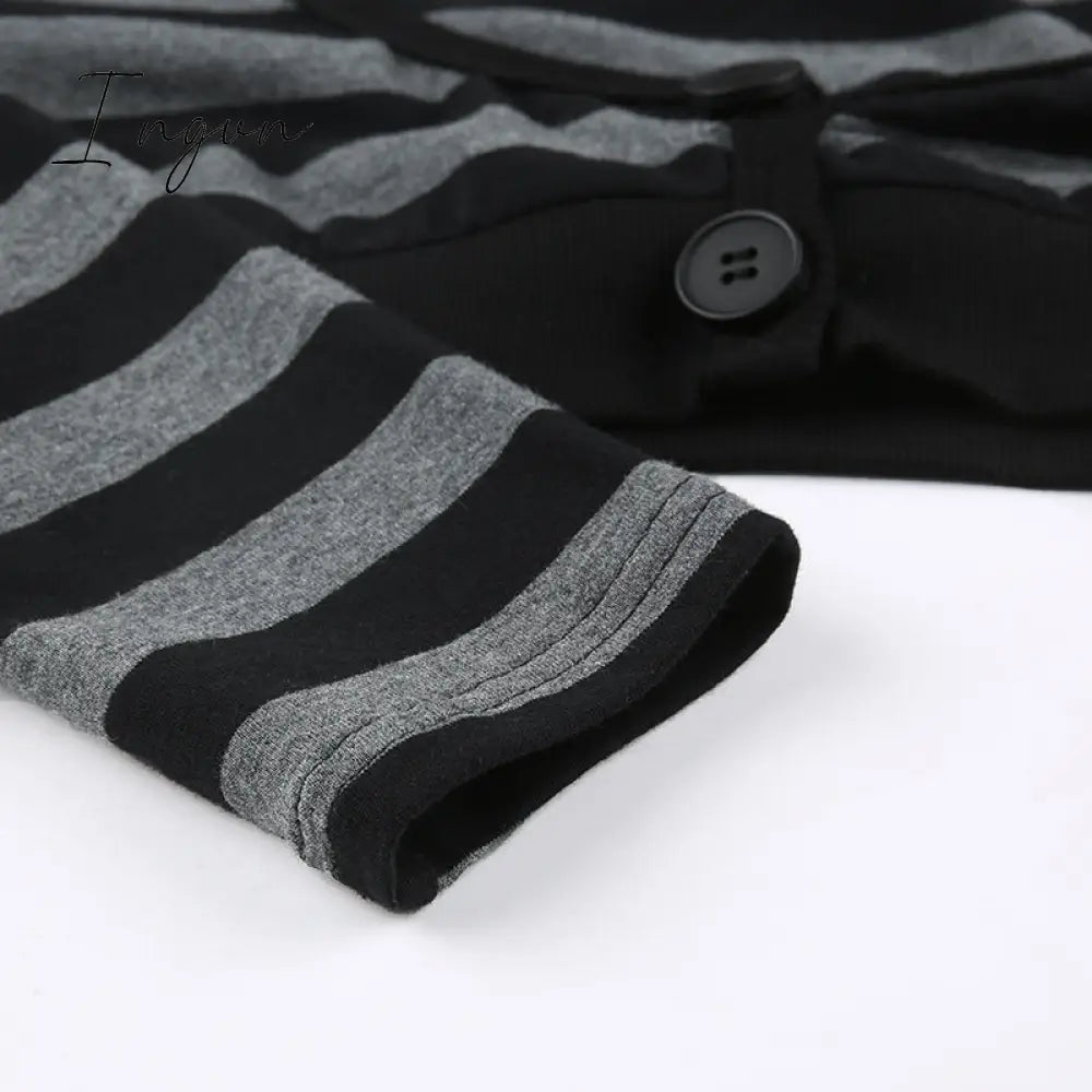 Ingvn - Y2K Striped Crop Top Button Knitted Full Sleeve T Shirt V Neck Vintage Grunge Tee Autumn Winter Women Harajuku Outfits