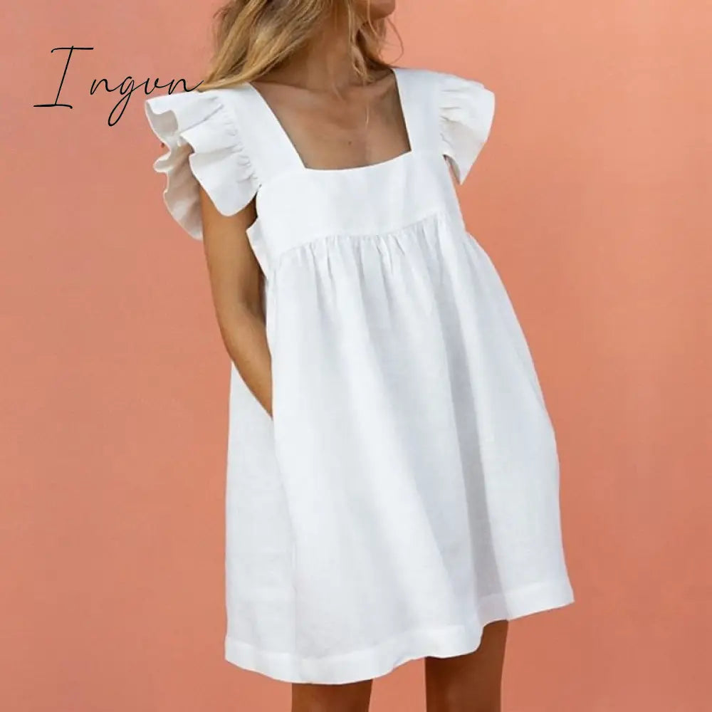 Ingvn - Elegant Butterfly Sleeve Ruffle Mini Dress Casual Square Collar Print Party Dress Women Summer Loose Pocket Beach Dress Vestidos