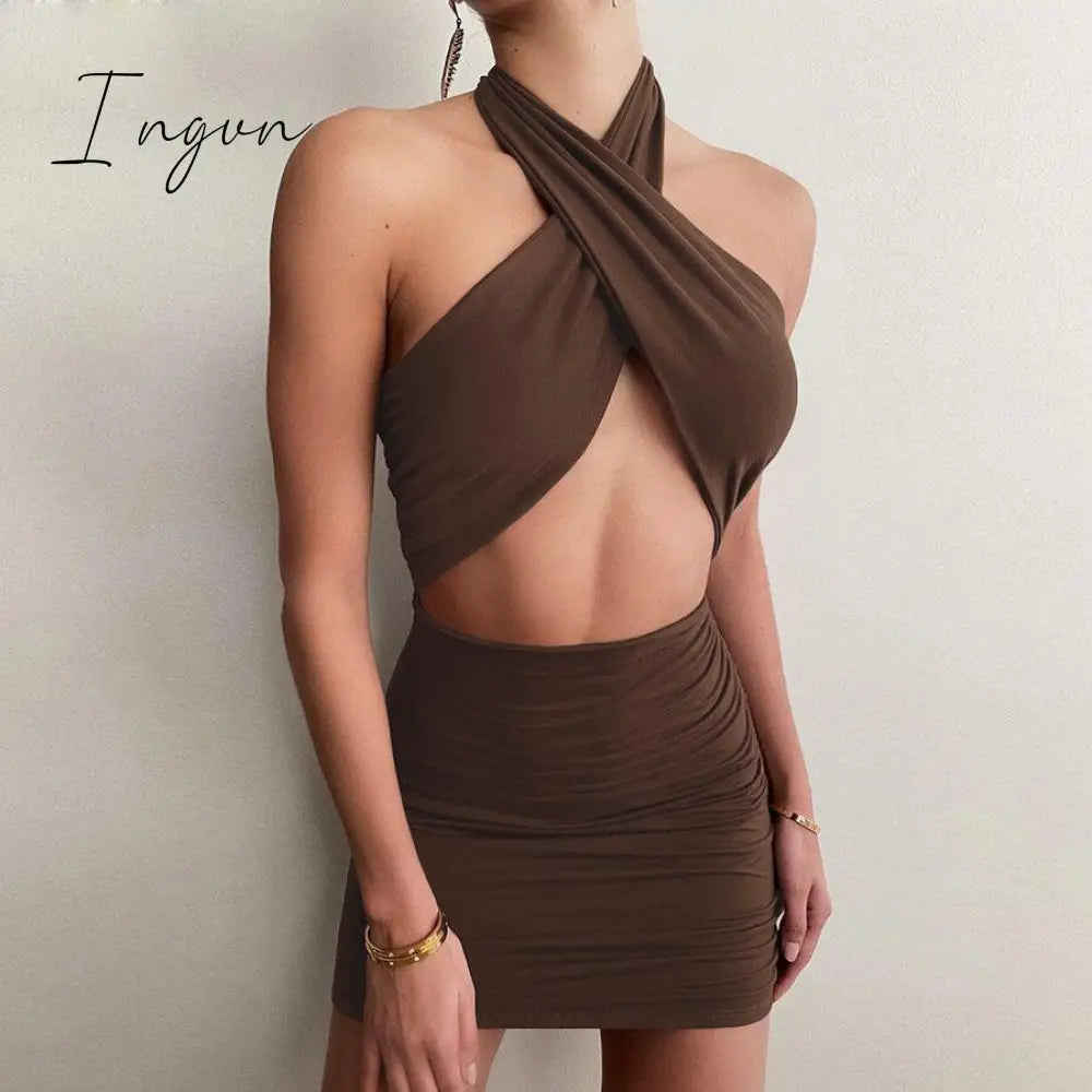 Ingvn - New Summer Sexy Women's Coffee Color Cross Hanging Neck Sleeveless Tight Mini Dress