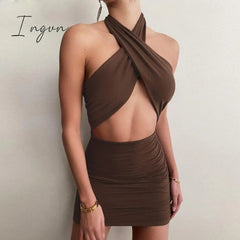 Ingvn - New Summer Sexy Women's Coffee Color Cross Hanging Neck Sleeveless Tight Mini Dress