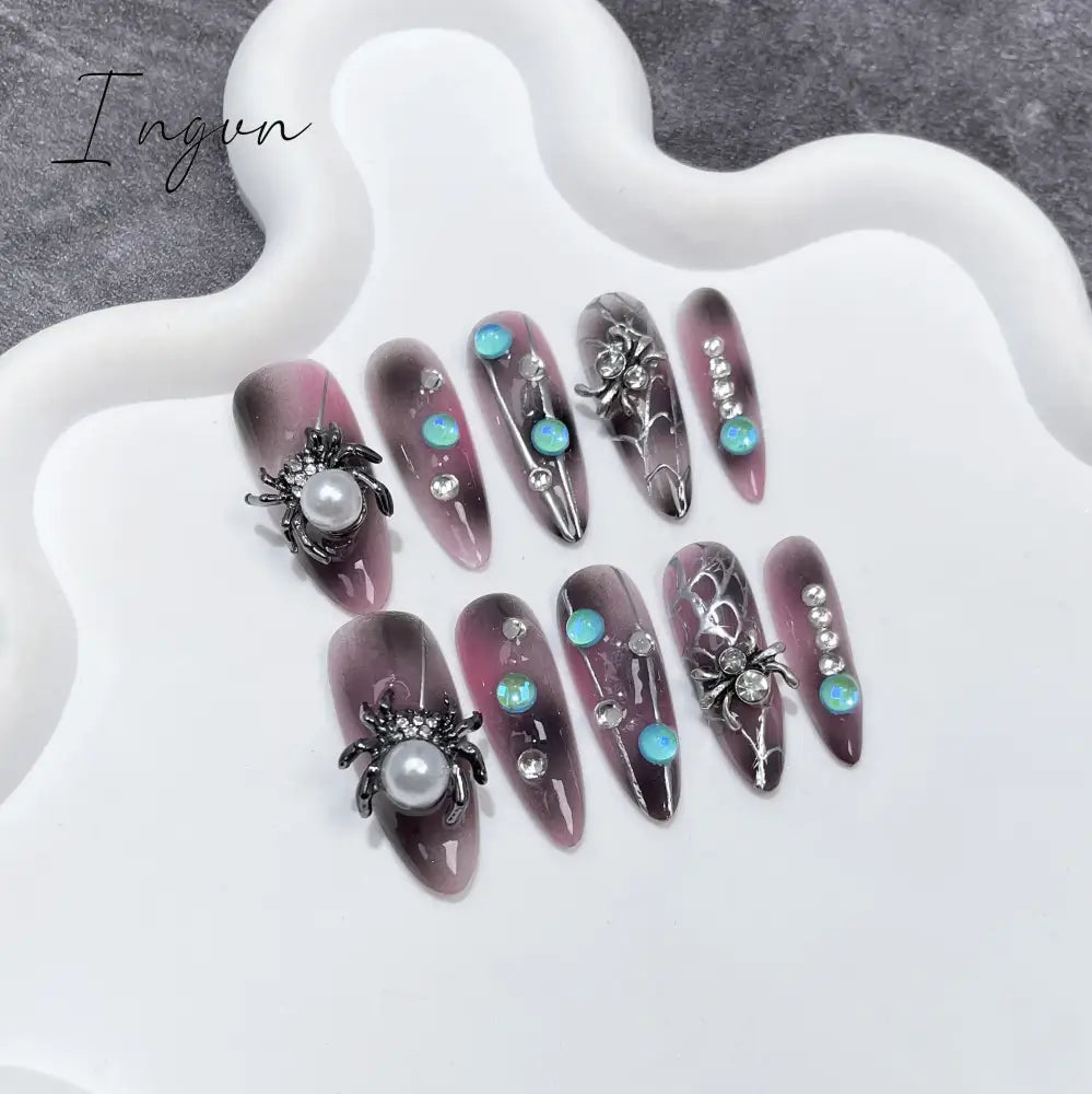 10Pcs Black Handmade Press On Nails Coffin Fake Nails Full Cover Gradient Metal Contrast Artificial Manicure Wearable Nail Tips