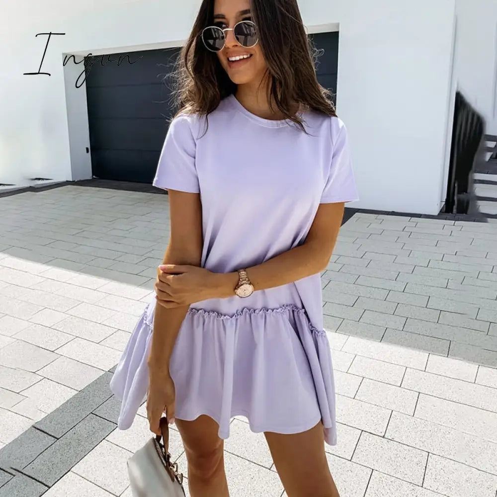Ingvn - Fashion Trends Loose Casual Short Sleeve Mini Dress Women Summer O-neck White Black Ruffles Big Hem Beach Dresses For Woman Femme Robe