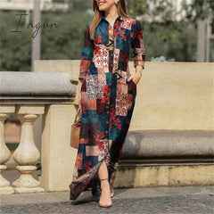 Ingvn - Fall Outfits Autumn Vintage Floral Printed Cotton Dress Women Casual Lapel Collar Button Up Dresses Bohemian Vestidos Long Robe