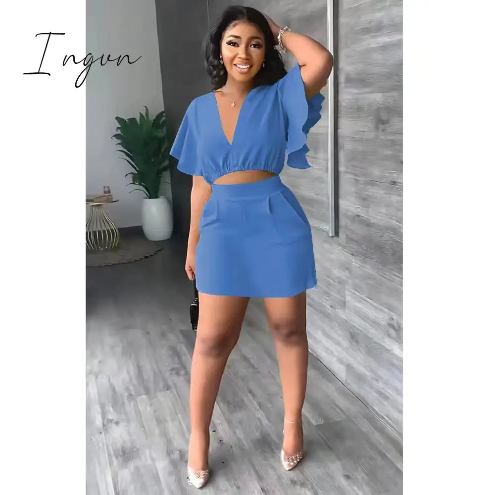 Ingvn - Summer 2 Pcs Suits Fashion V-neck Ruffle Sleeve Tshirt High Waist A-line Mini Skirt 2 Piece Suits Outifits for Women