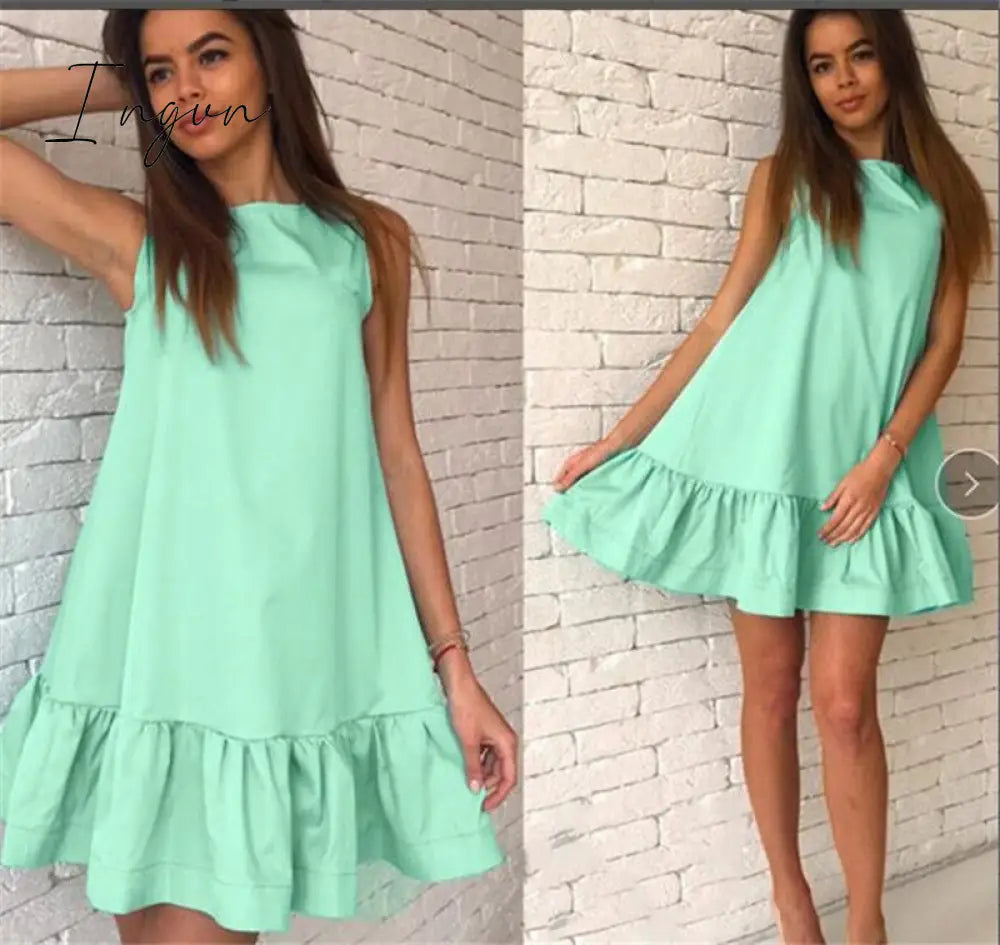 Ingvn - Women Female Short Sleeve Loose Mini Short A-line Dresses Summer Beach Casual Dress Candy Color S-XXL