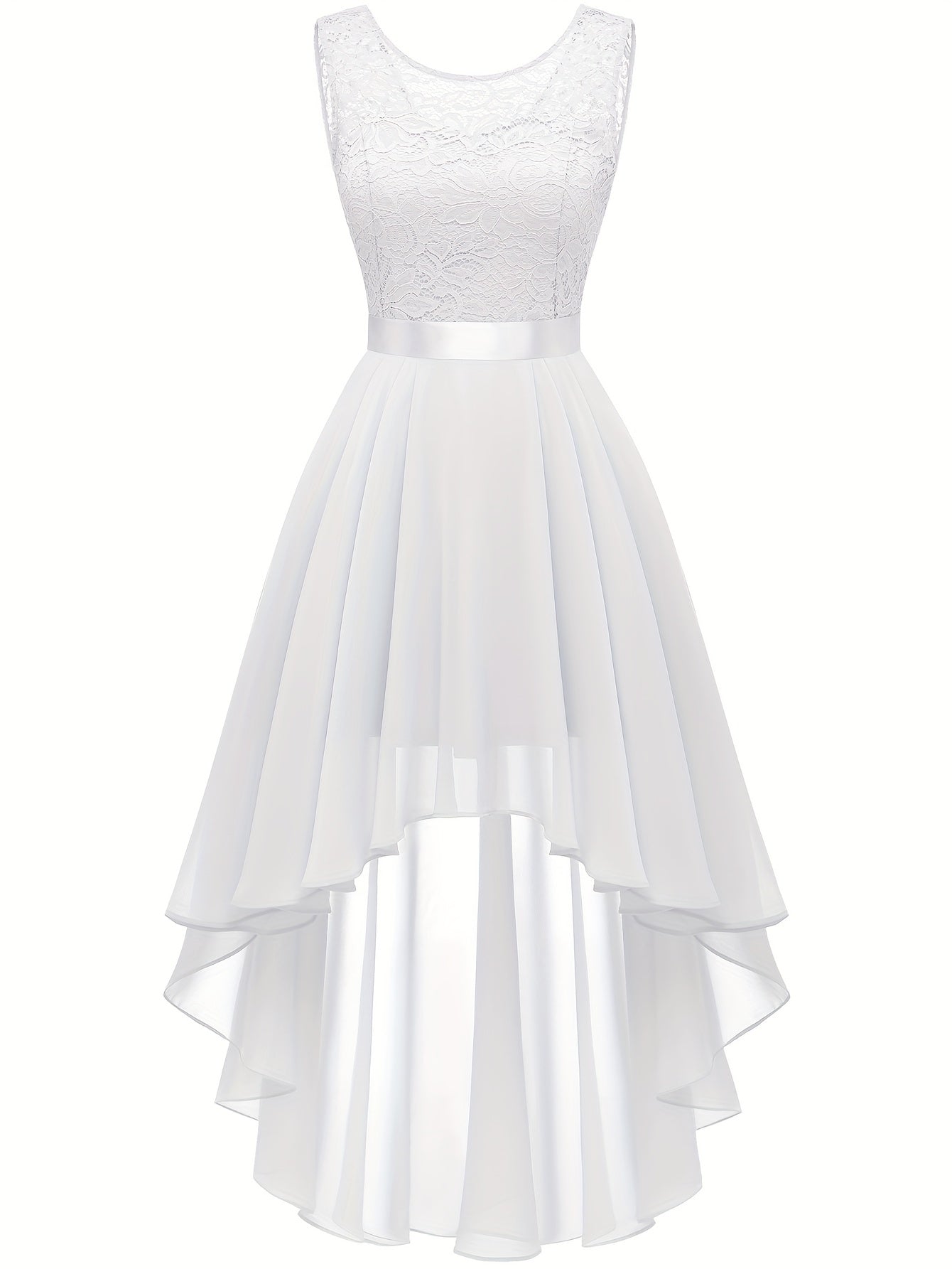 Contrast Lace Asymmetric Hem Wedding Dress, Elegant Solid Bow Waist Tank Dress For Party & Banquet, Homecoming Dress, Women's Clothing