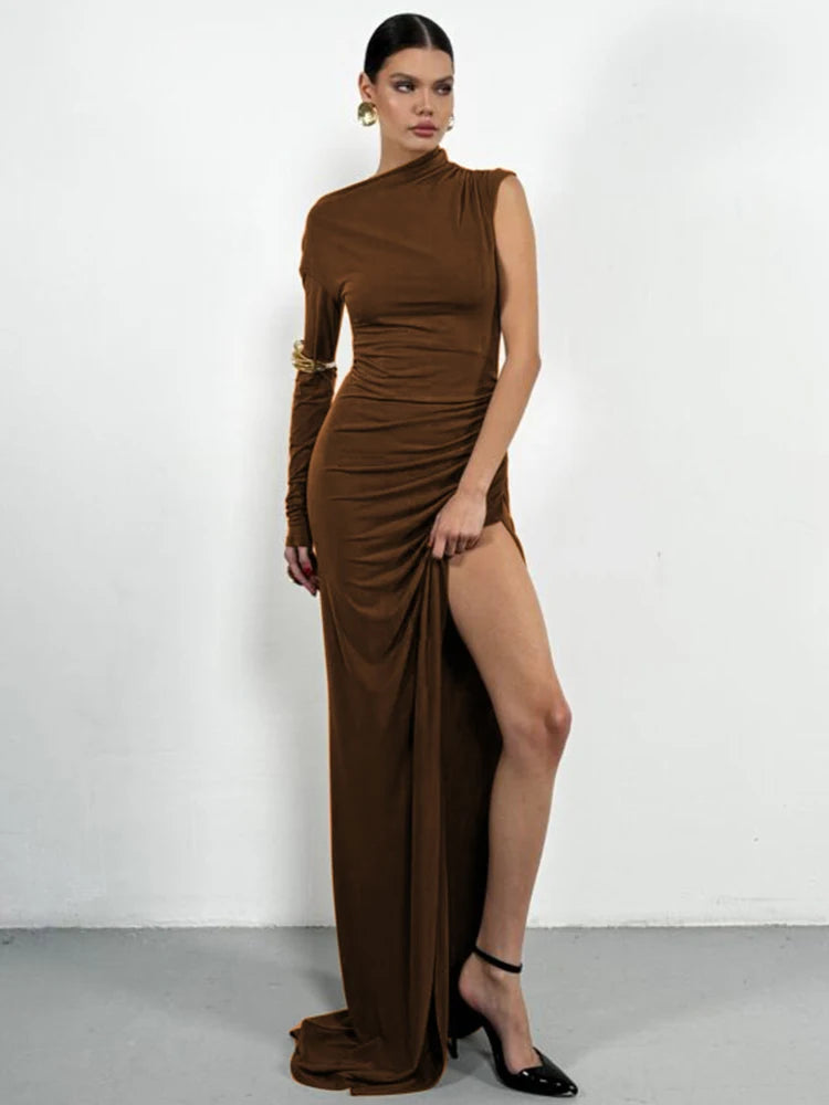 Skew Collar One Sleeve Sexy Maxi Dress For Women Gown Fashion Solid Thigh High Split Ruched Bodycon Club Long Dress