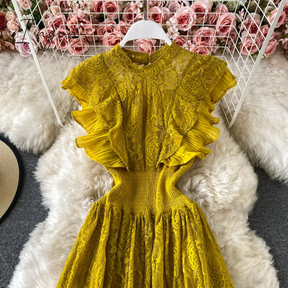 Ingvn - Vintage Purple/Green/Red Lace Midi Dress Women Sweet Round Neck Ruffle Vestidos Female High Waist Slim Robe Spring Autumn